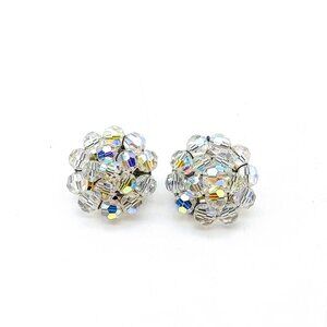 AB Crystal Bead Cluster Earrings, Vintage Clear Faceted Floaral Clip Ons